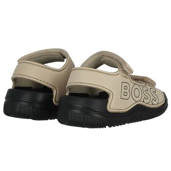 Boys Beige & Black Logo Sandals
