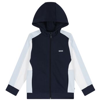 Boys Navy Blue, Blue & White Logo Hooded Zip Up Top
