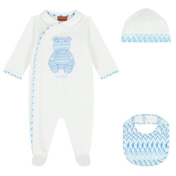 طقم هدايا ملابس اطفال رضع  بنقشة تيدي بير باللونين الازرق و الابيض 