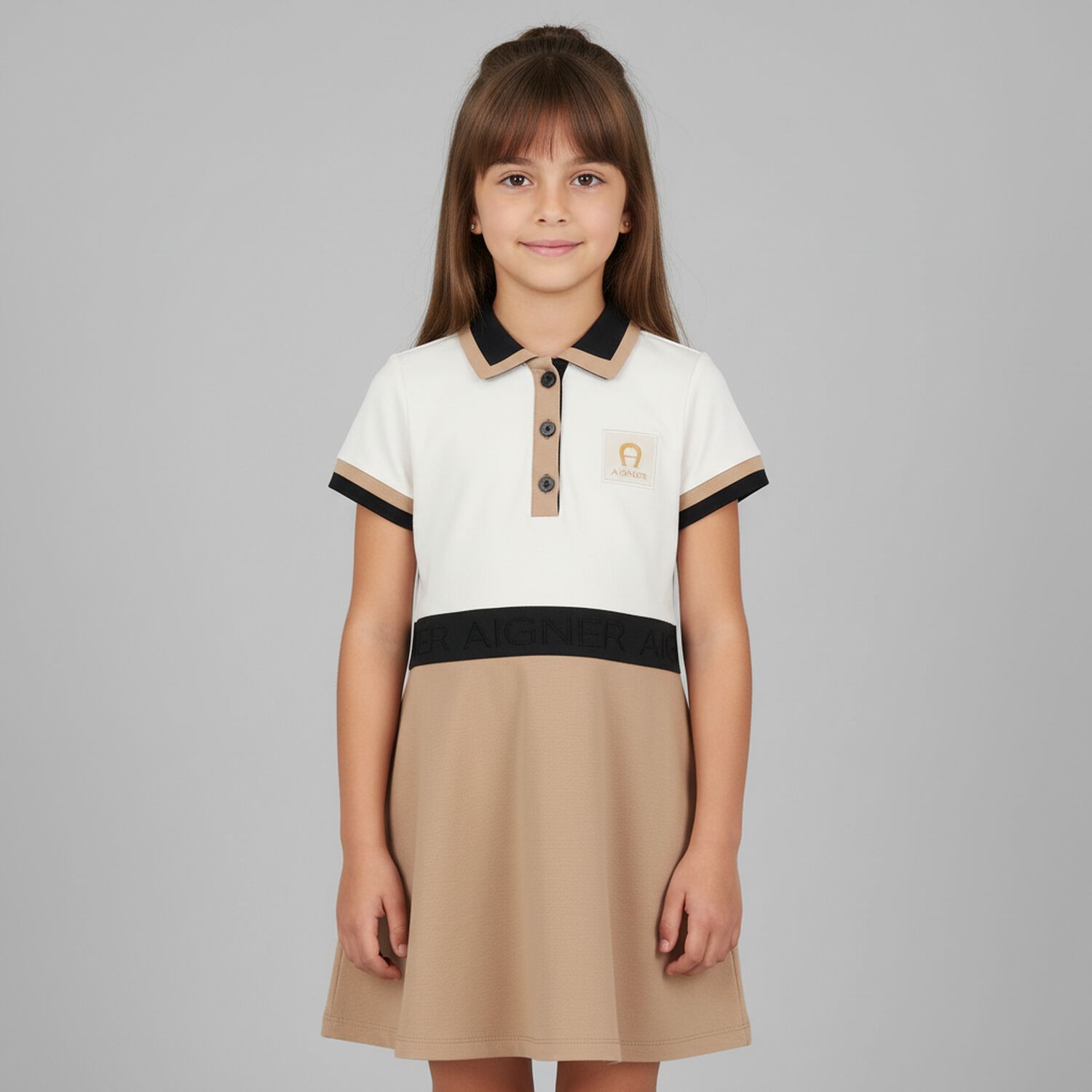 Girls Ivory & Beige Logo Polo Dress, 1, hi-res image number null