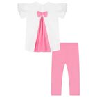 Girls White & Pink Cotton Leggings Set, 1, hi-res
