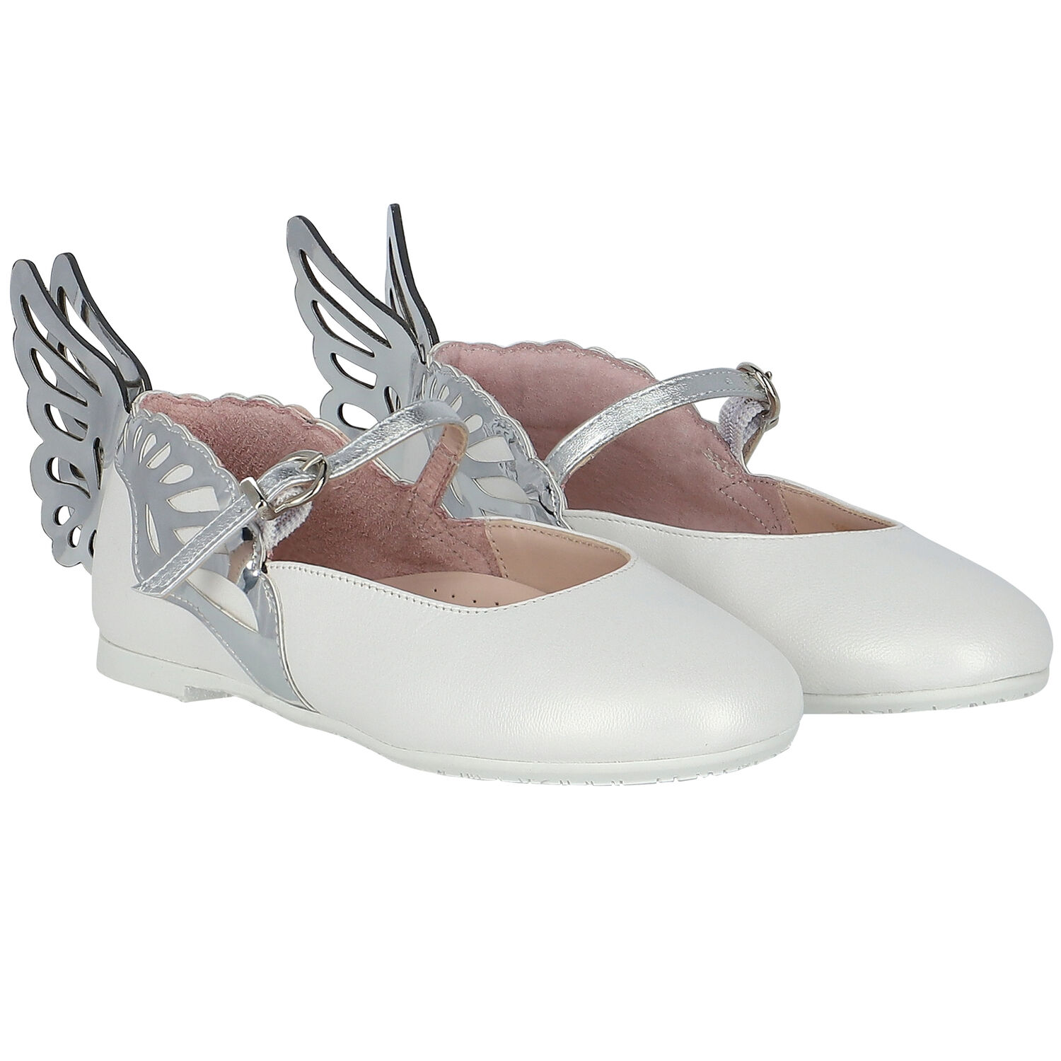 Girls White & Silver Leather Shoes, 1, hi-res