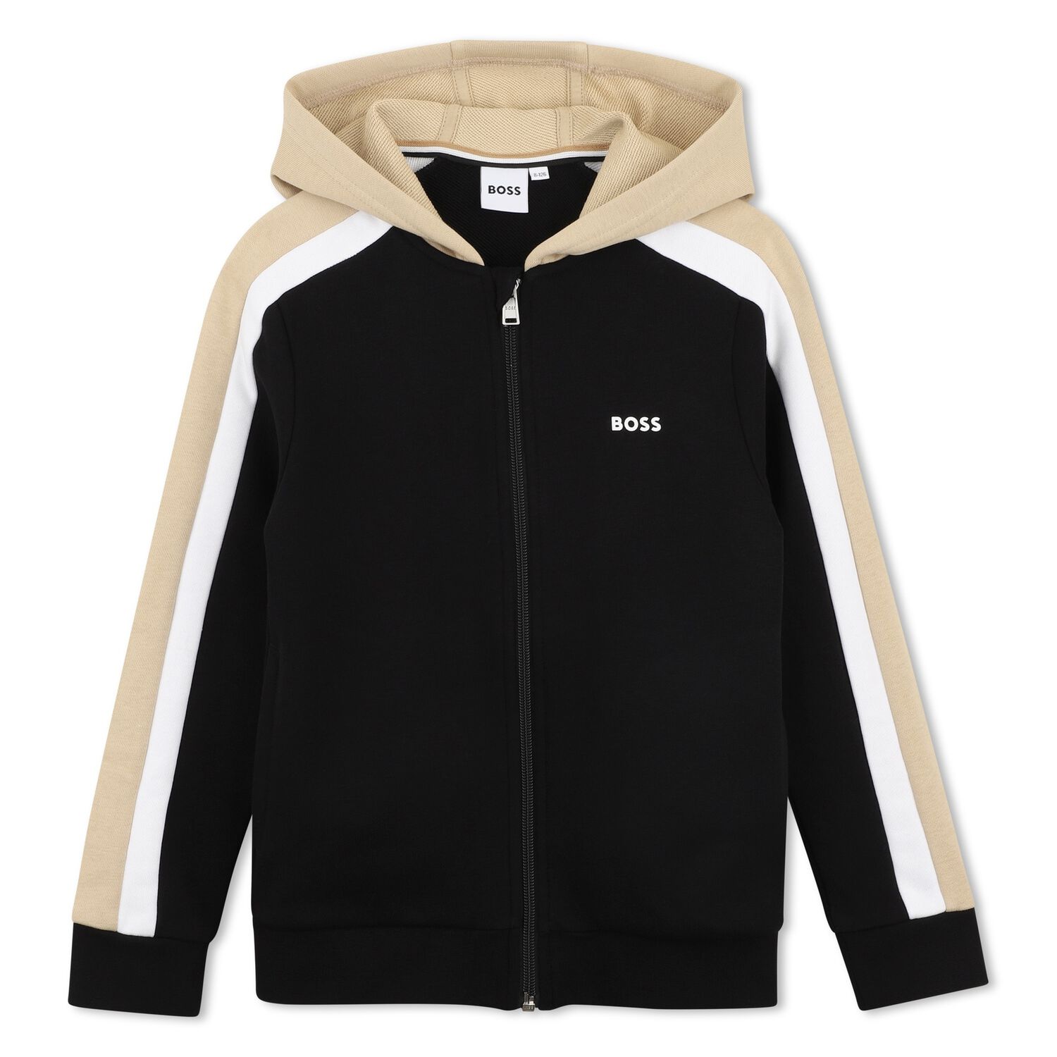 Boys Black Logo Hooded Zip Up Top, 1, hi-res