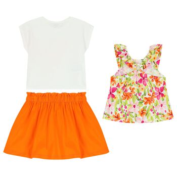 Girls Orange & White Skirt Set (3 Piece)