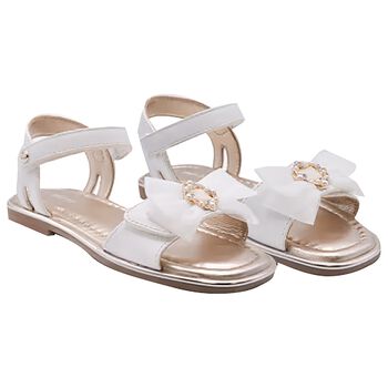 Girls White & Gold Leather Tulle Bow Sandal