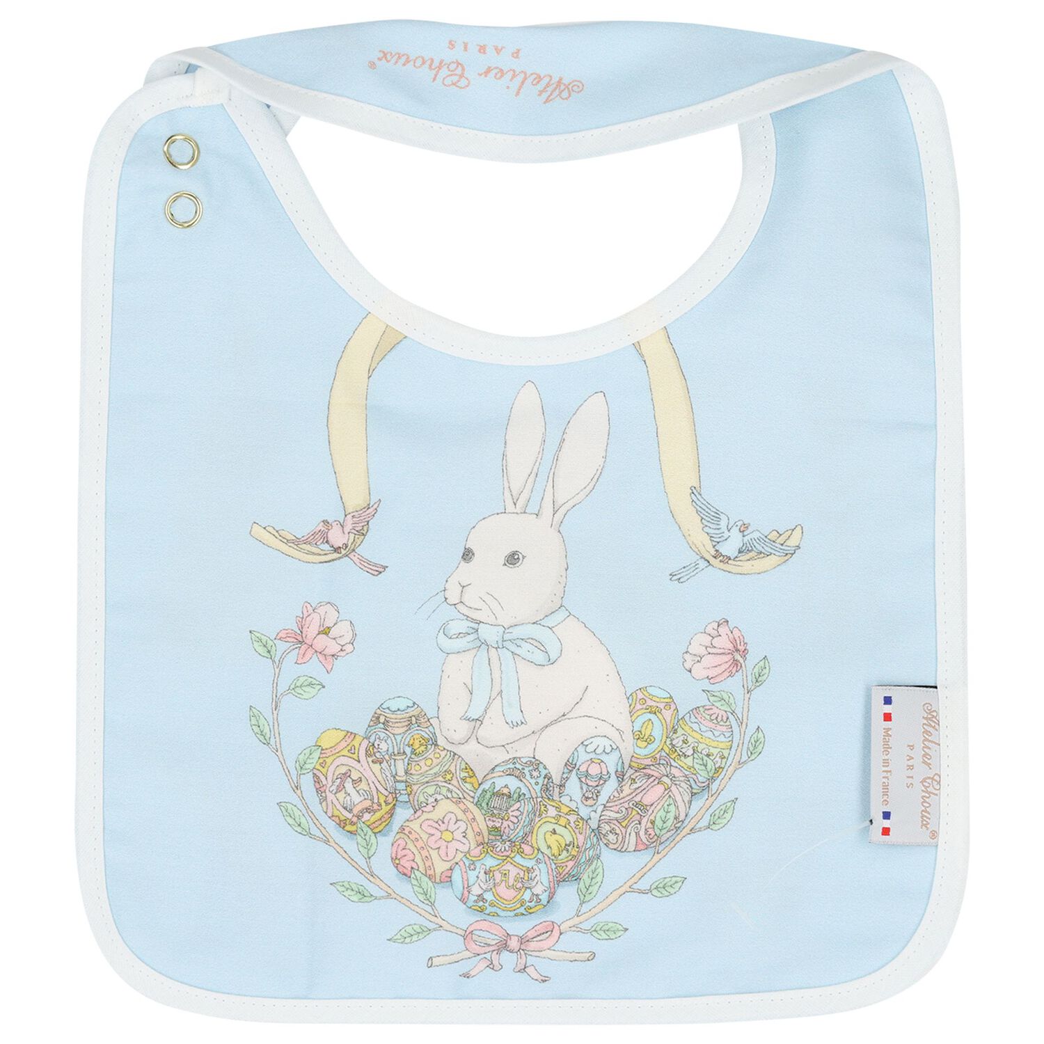 Blue & White Spring Bunny Baby Satin Bib, 1, hi-res
