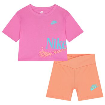Girls Pink & Orange Logo Shorts Set