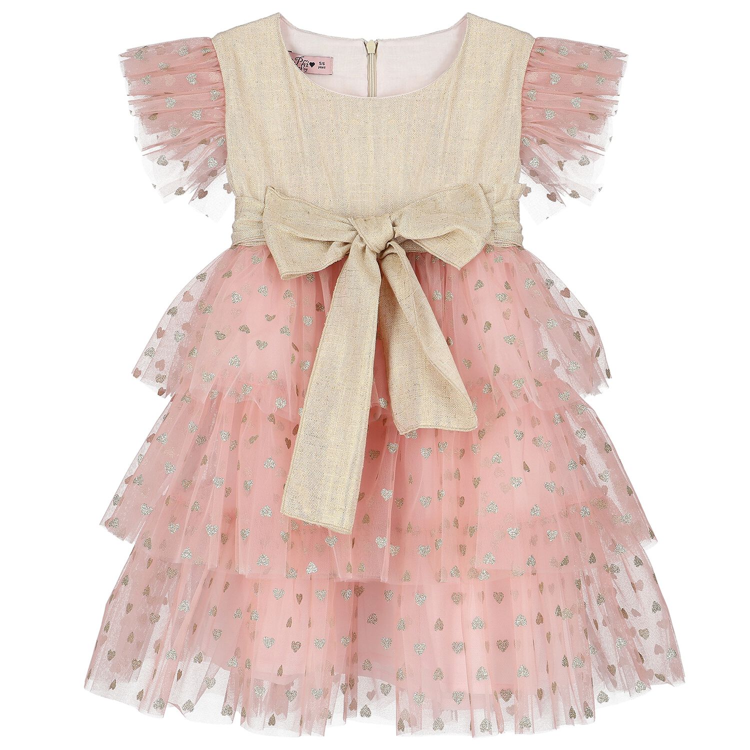 Girls Gold & Pink Tulle Bow Dress, 1, hi-res image number null