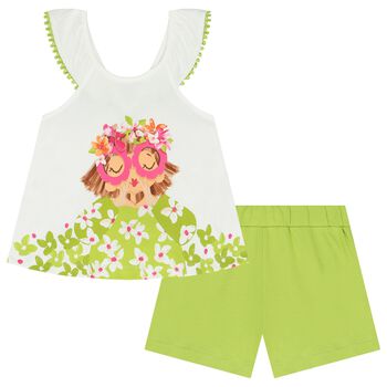 Girls White & Green Shorts Set
