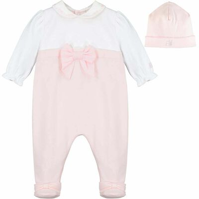 Baby Girls White & Pink Babygrow & Hat Set