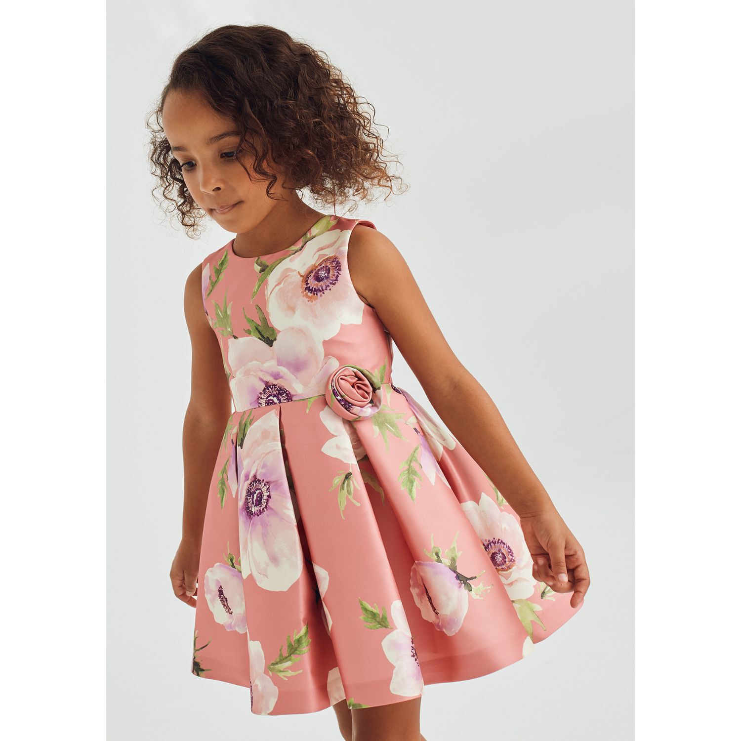 Girls Pink Floral Satin Dress, 2, hi-res image number null