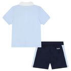 Baby Boys Navy Blue & Blue Logo Shorts Set, 2, hi-res