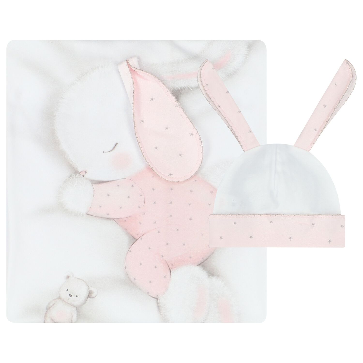 Baby Girls White & Pink Bunny Blanket & Hat Set, 1, hi-res image number null