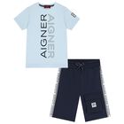 Boys Blue & Navy Blue Logo Shorts Set, 1, hi-res