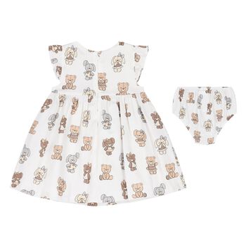 Baby Girls White Teddy Bear Dress Set