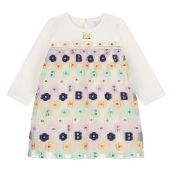 Younger Girls Ivory Logo Floral Dress