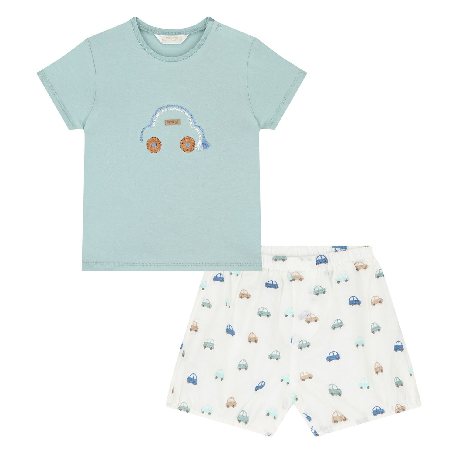 Baby Boys Green & White Car Shorts Set, 2, hi-res