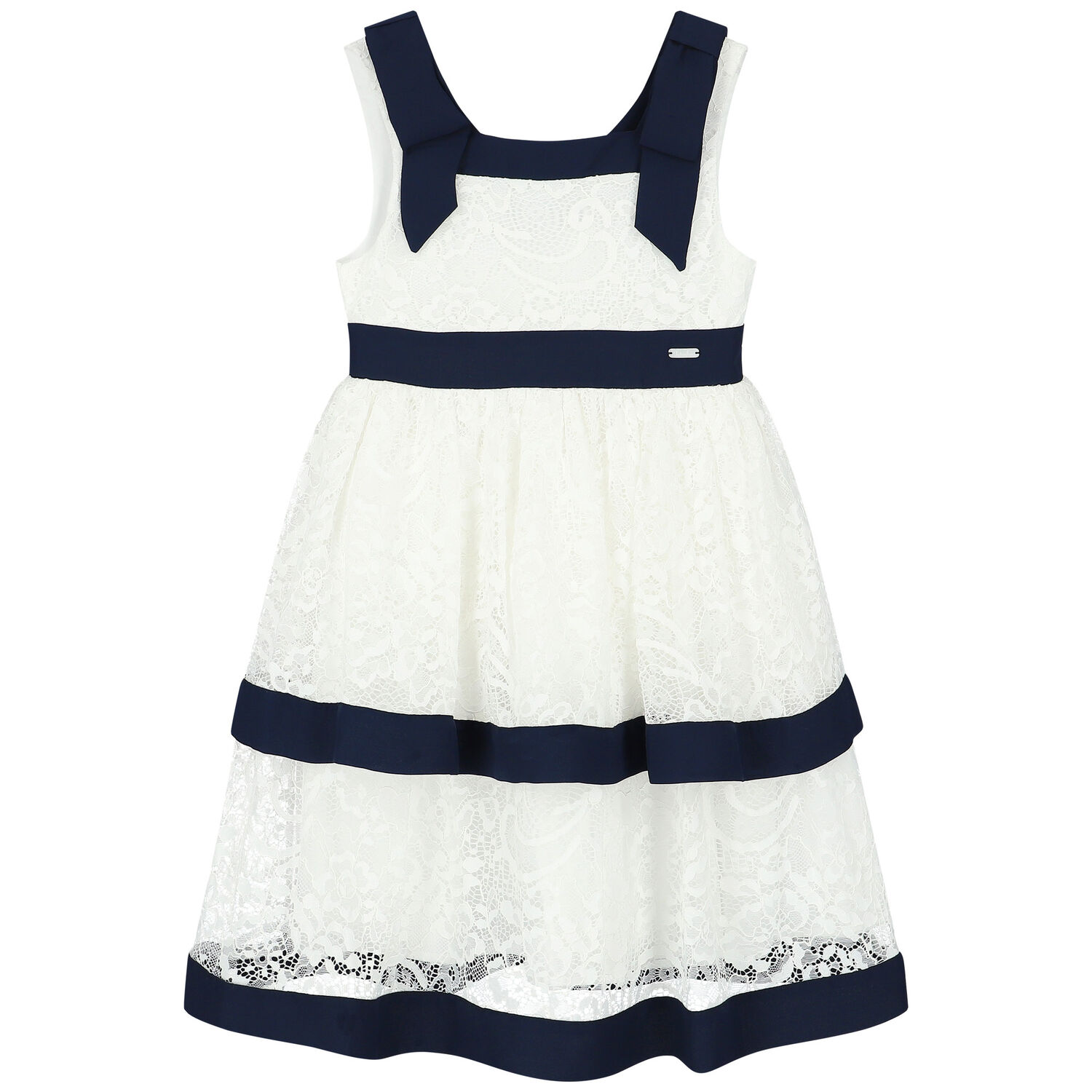 Girls White & Navy Lace Dress, 1, hi-res