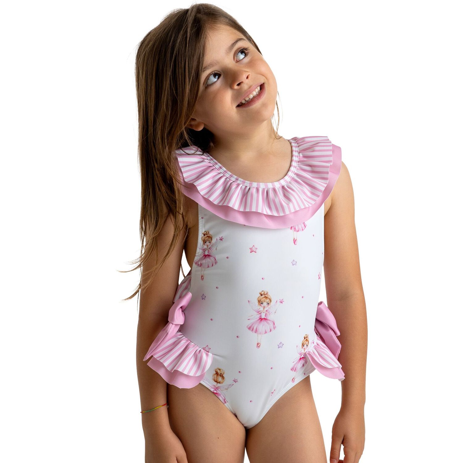 Girls White & Pink Ballerinas Swimsuit, 1, hi-res