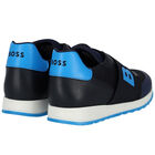 Boys Navy Blue & White Logo Trainers, 1, hi-res