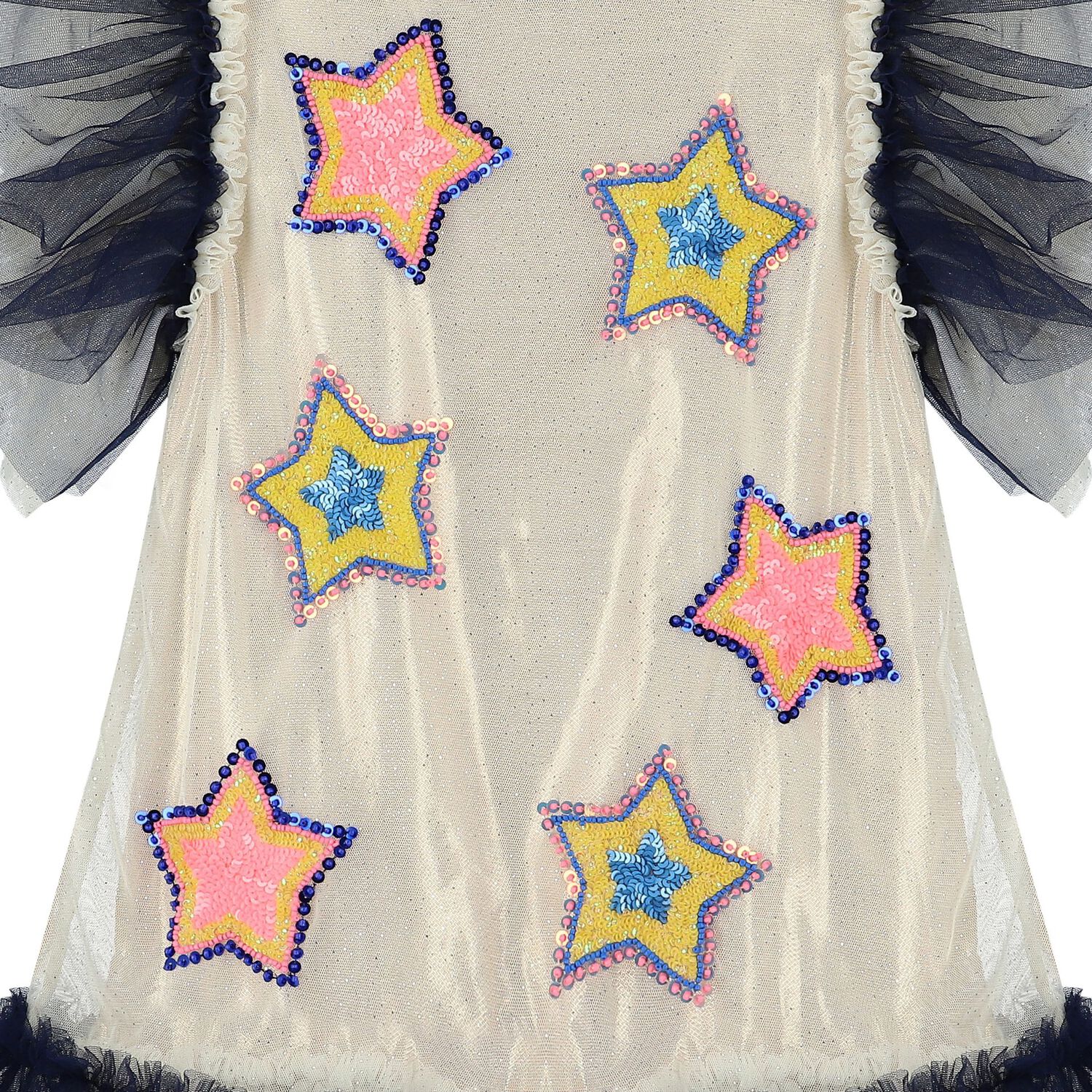 Girls Gold & Navy Blue Stars Tulle Dress, 1, hi-res