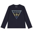Boys Navy Blue Logo Long Sleeve Top, 2, hi-res