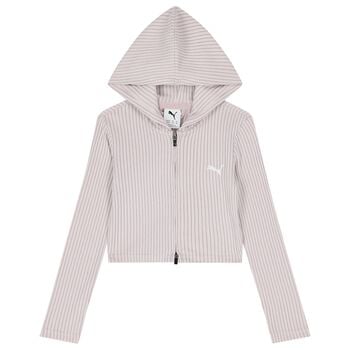 Girls Pink Ribbed Logo Hooded Zip Up Top