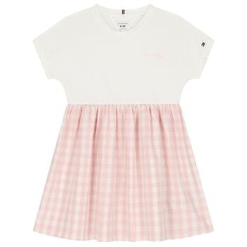 Girls Ivory & Pink Logo Dress