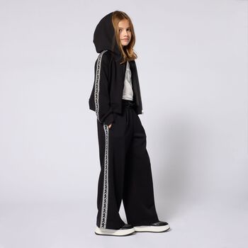 Girls Black Logo Hooded Zip Up Top