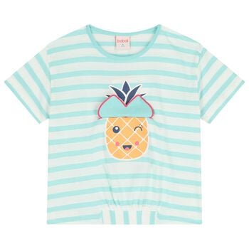 Girls White & Green Striped T-Shirt