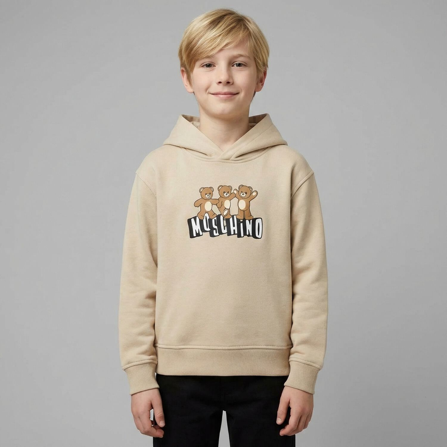Beige Teddy Bear Logo Hooded Top, 1, hi-res