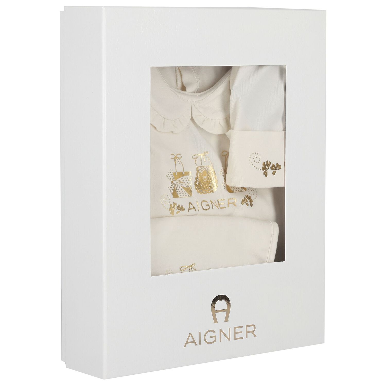 طقم هديه افرول و مريله وقبعه بالشعار للبنات بطبعه حقيبه  باللون الذهبي والعاجى , 1, hi-res