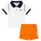 Baby Boys White & Orange Logo Shorts Set, 1, hi-res