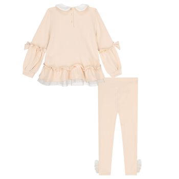 طقم ليجينز بنات بطبعه قلعه باللون البيج 