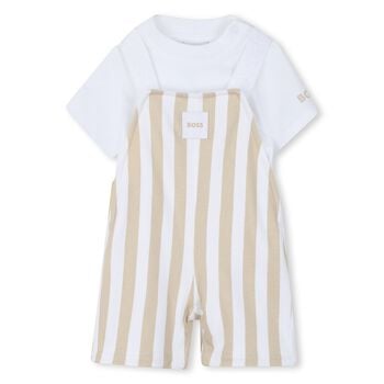 Baby Boys White & Beige Striped Logo Dungaree Set