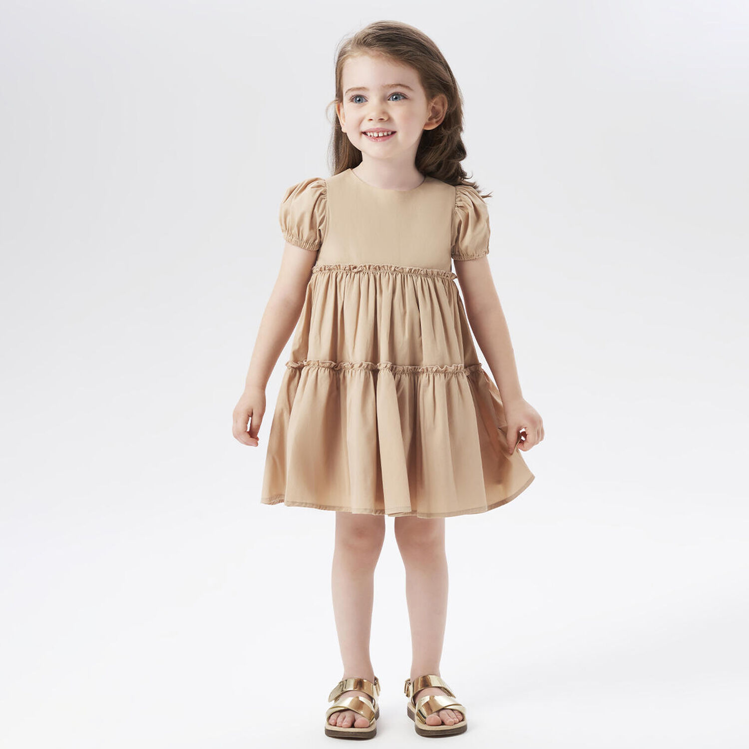 Girls Beige Tiered Dress, 1, hi-res