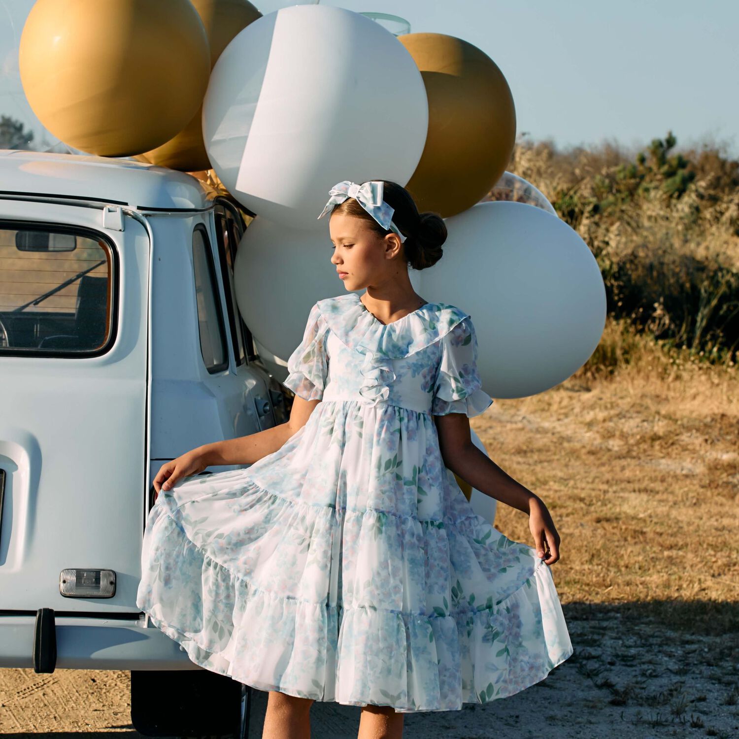 فستان بنات بطبعة الزهور باللون الأزرق, 1, hi-res image number null