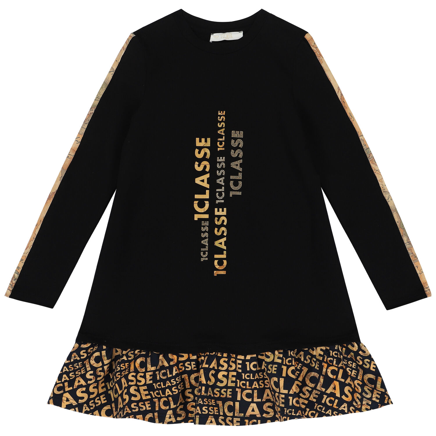 فستان بالشعار باللون الأسود والبيج, 1, hi-res