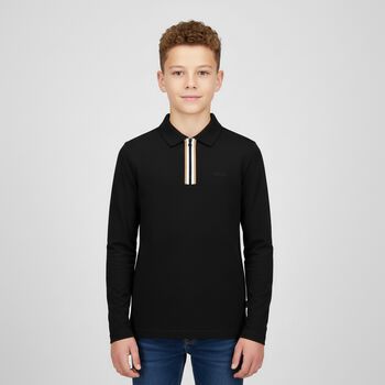 Boys Black Logo Long Sleeve Polo Shirt, 1 Boys Black Logo Long Sleeve Polo Shirt