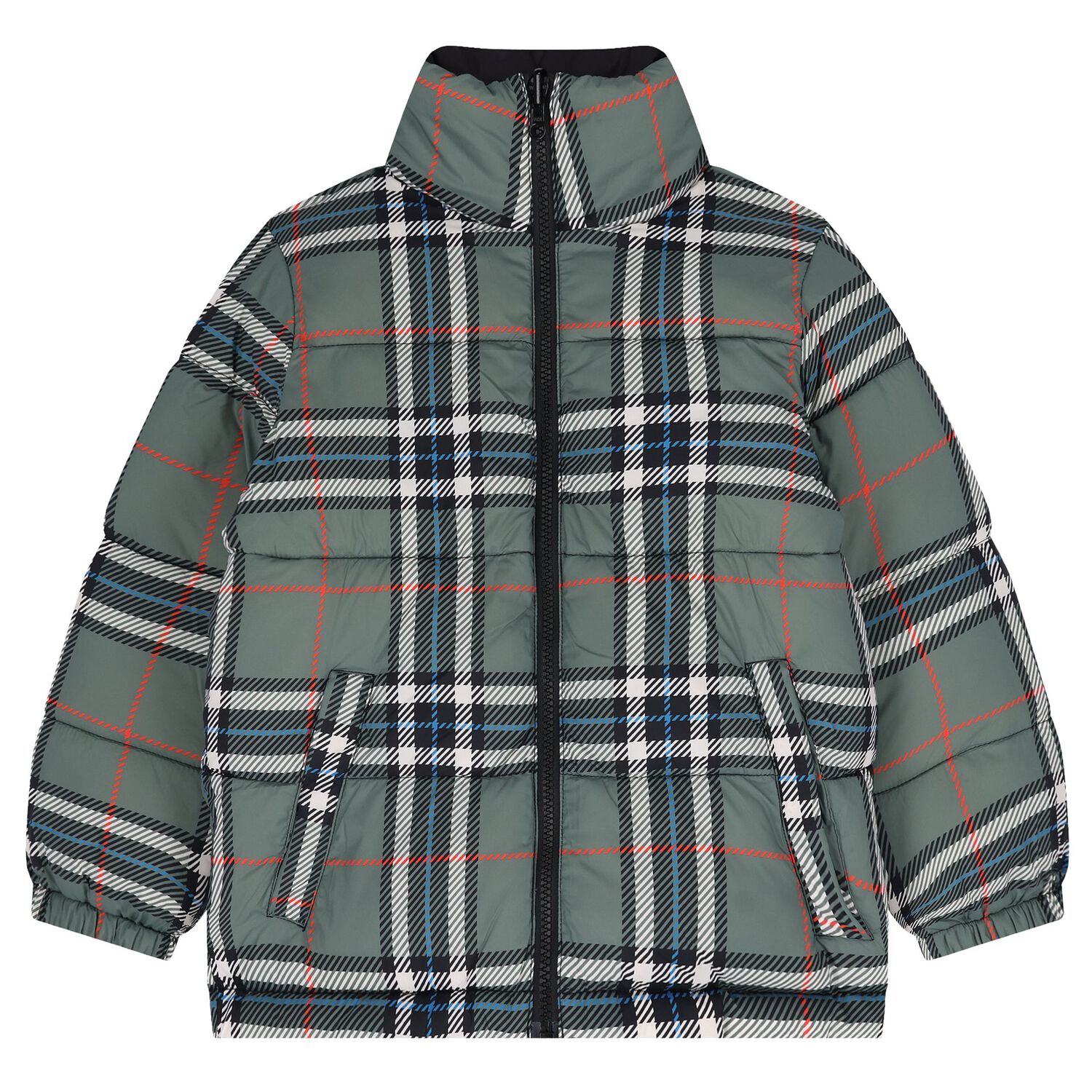 Boys Black & Green Tartan Reversible Puffer Jacket , 1, hi-res