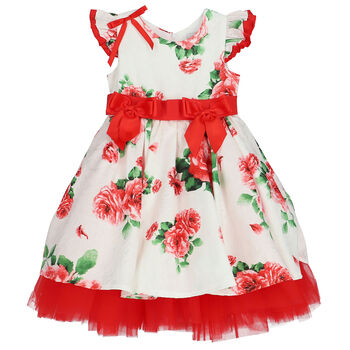 فستان بنات بطبعة الزهور باللون العاجي والأحمر
