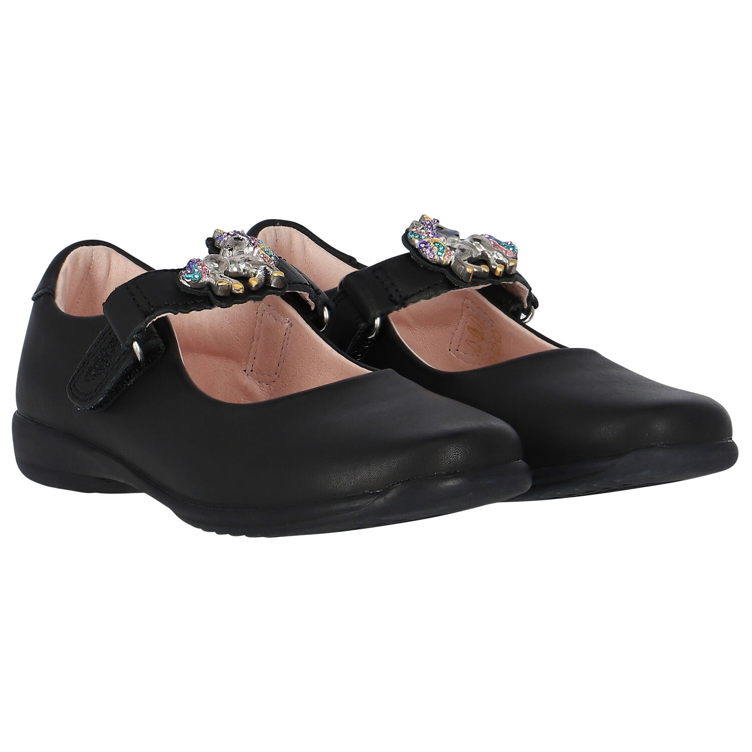Girls Black Logo Leather Shoes, 2, hi-res