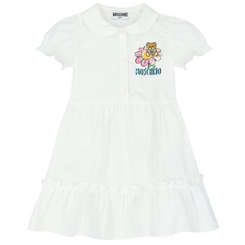 Younger Girls White Teddy Bear Logo Dress