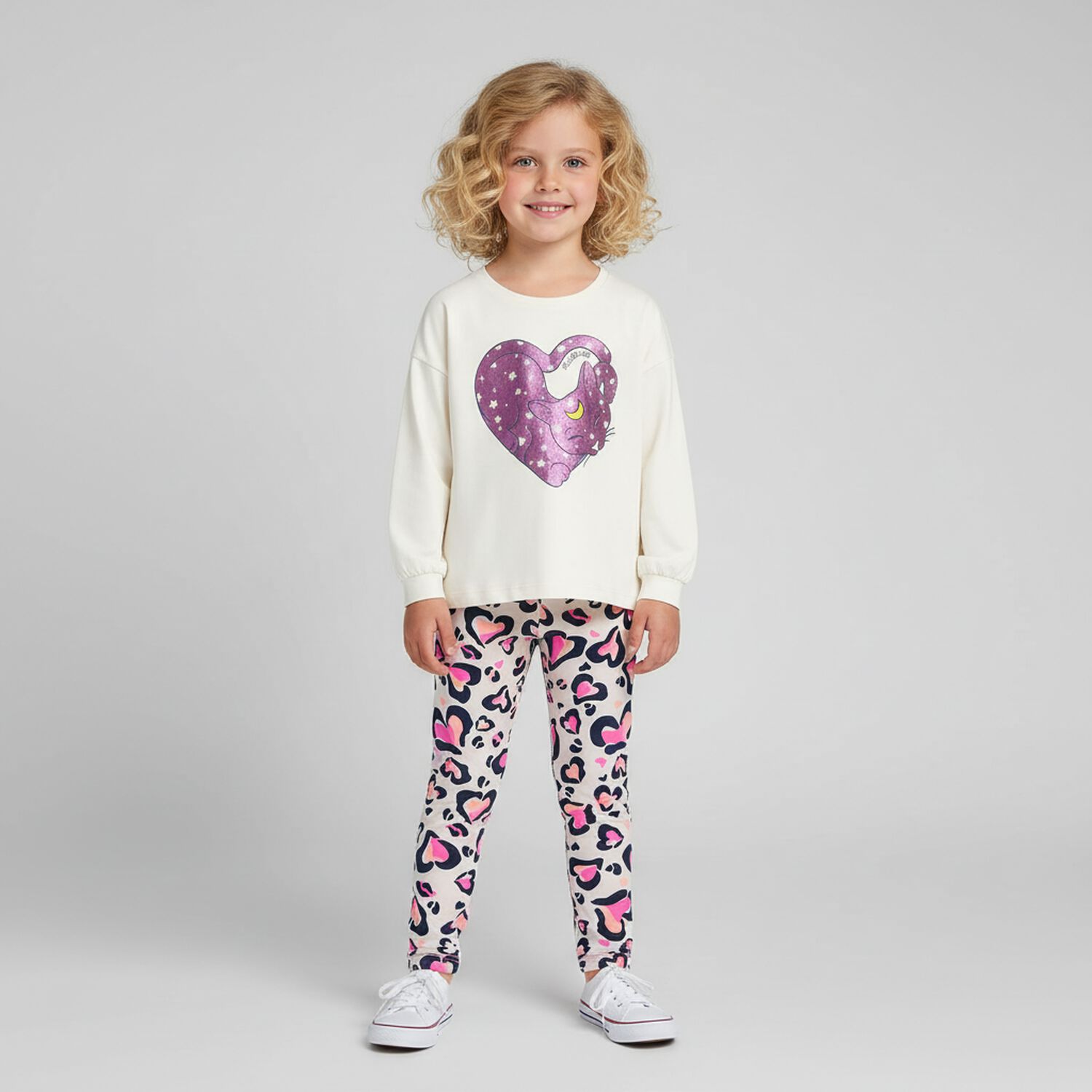 Girls Ivory Cat Long Sleeve Top, 1, hi-res