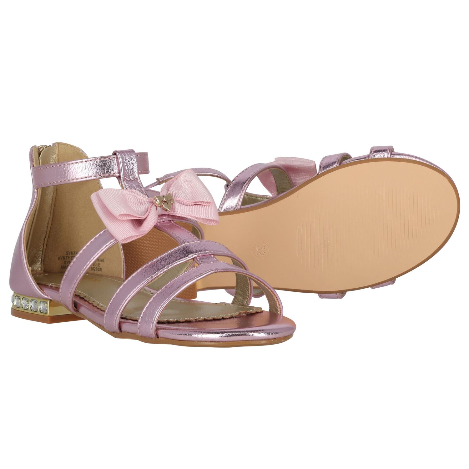 Girls Pink Diamante Bow Sandals, 2, hi-res
