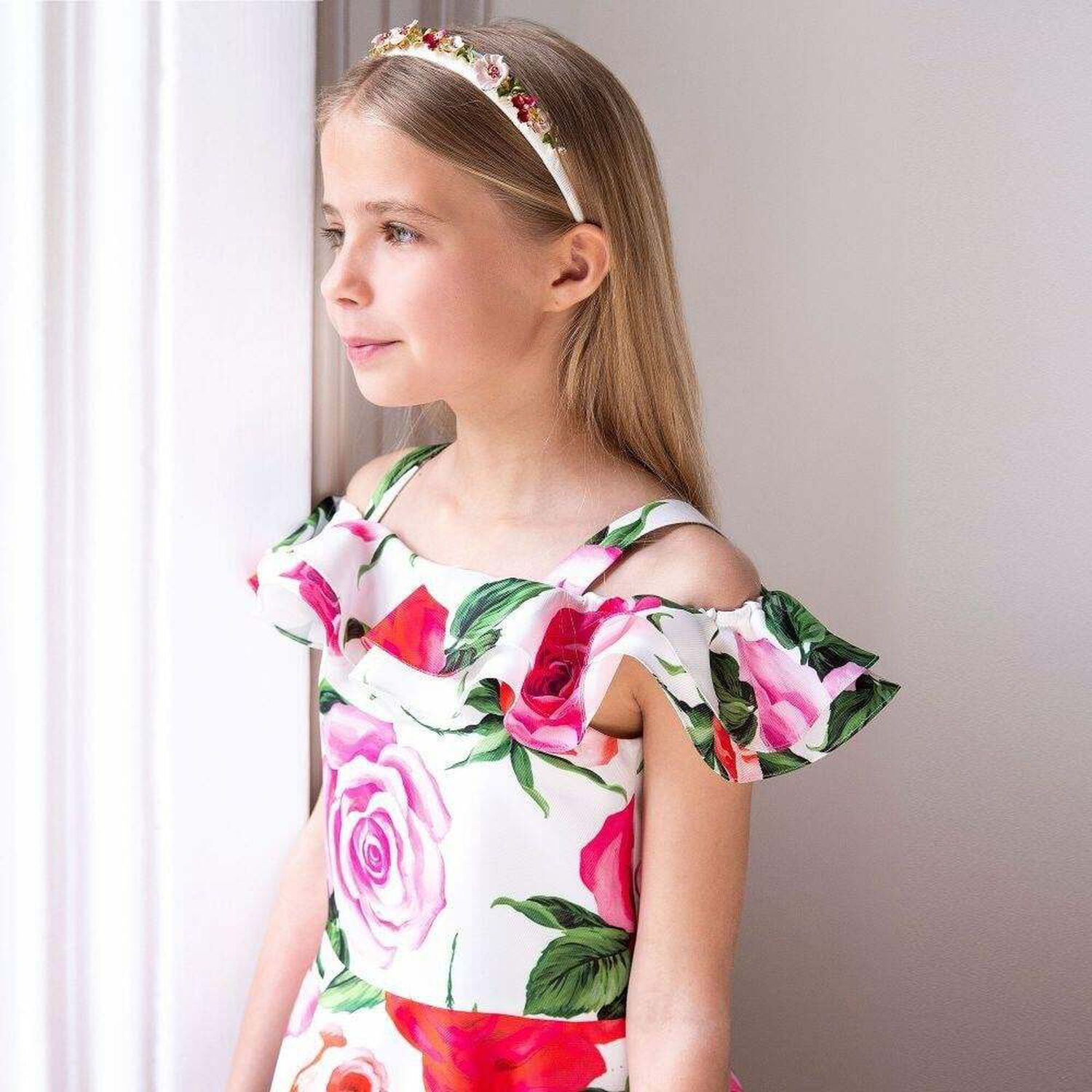 Girls White & Pink Floral Dress, 1, hi-res image number null