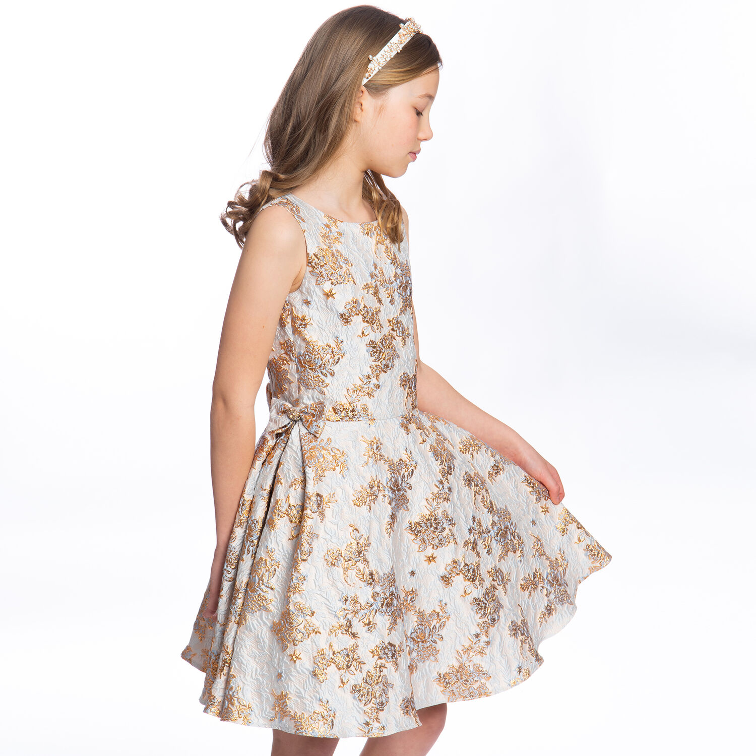 Girls Blue & Gold Brocade Dress, 1, hi-res