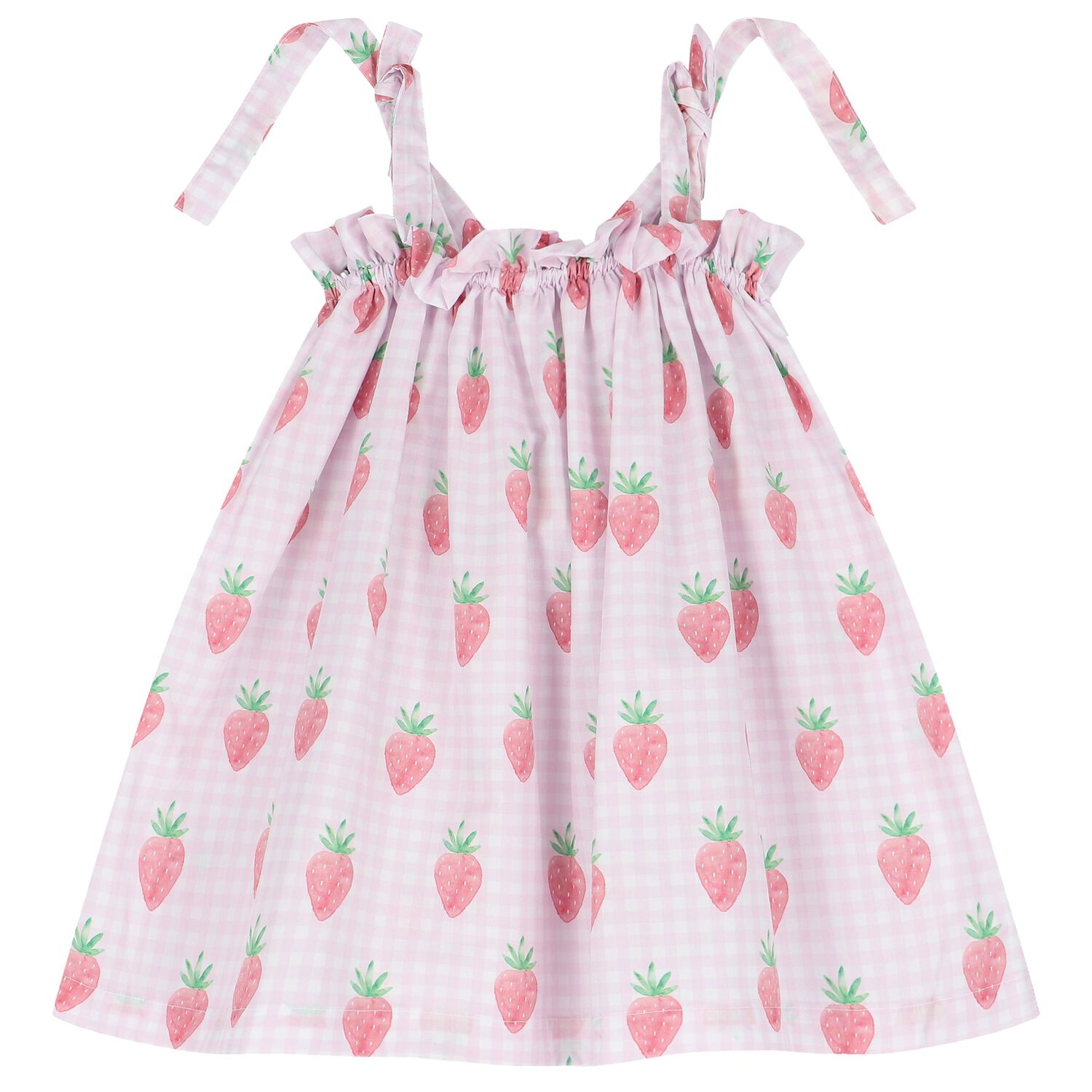 Girls White & Pink Gingham Strawberries Beach Dress, 4, hi-res