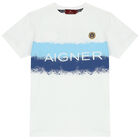 تيشيرت مخطط بالشعار باللون الابيض للأولاد, 2, hi-res