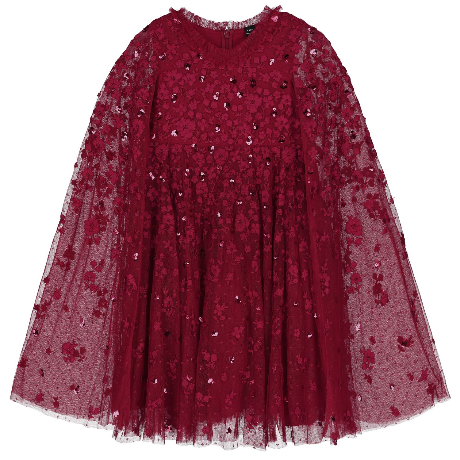 Girls Red Embroidered & Sequinned Tulle Cape Dress, 1, hi-res